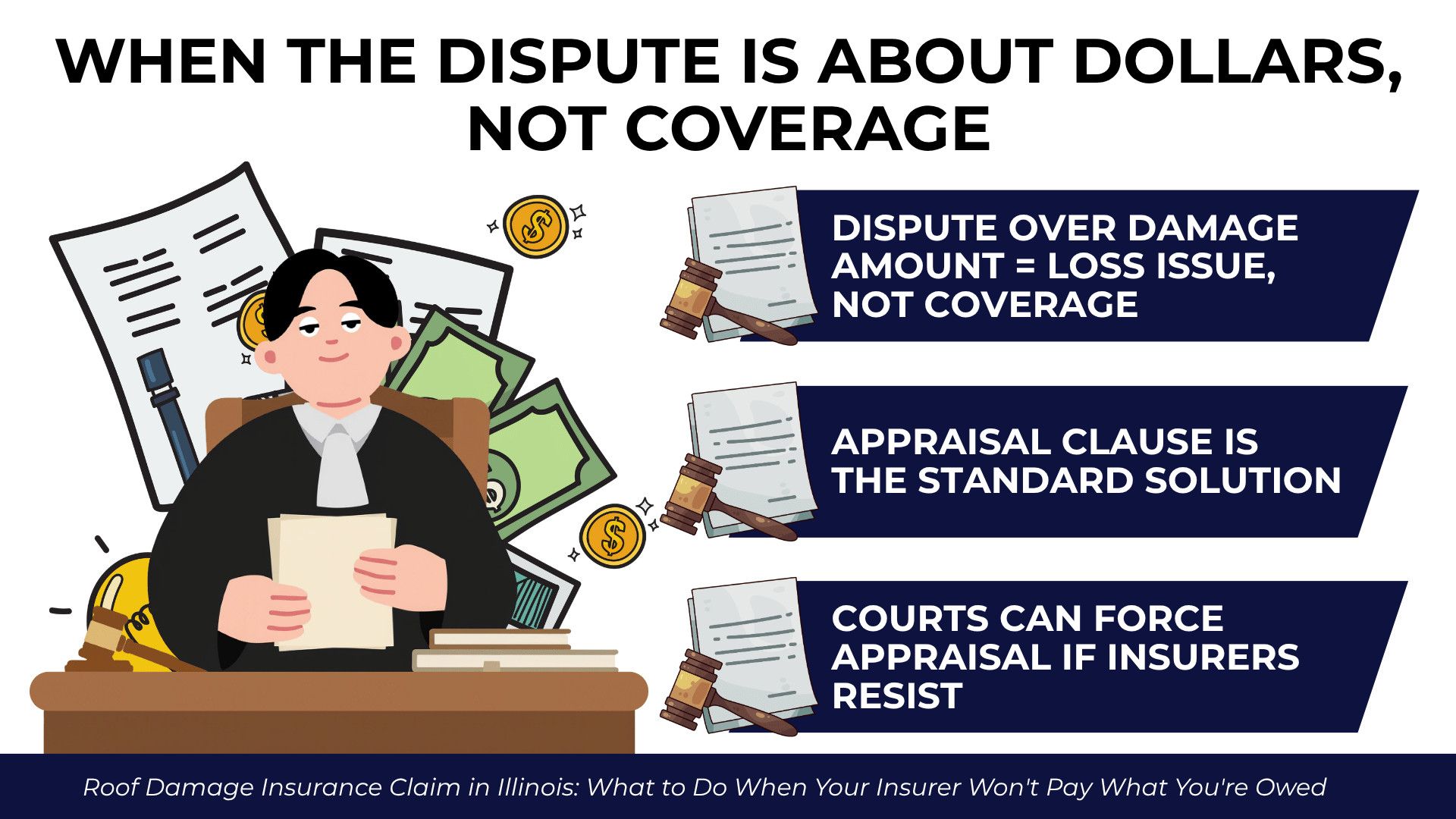 Judge with money and documents showing appraisal process for disputes over damage amount not coverage
