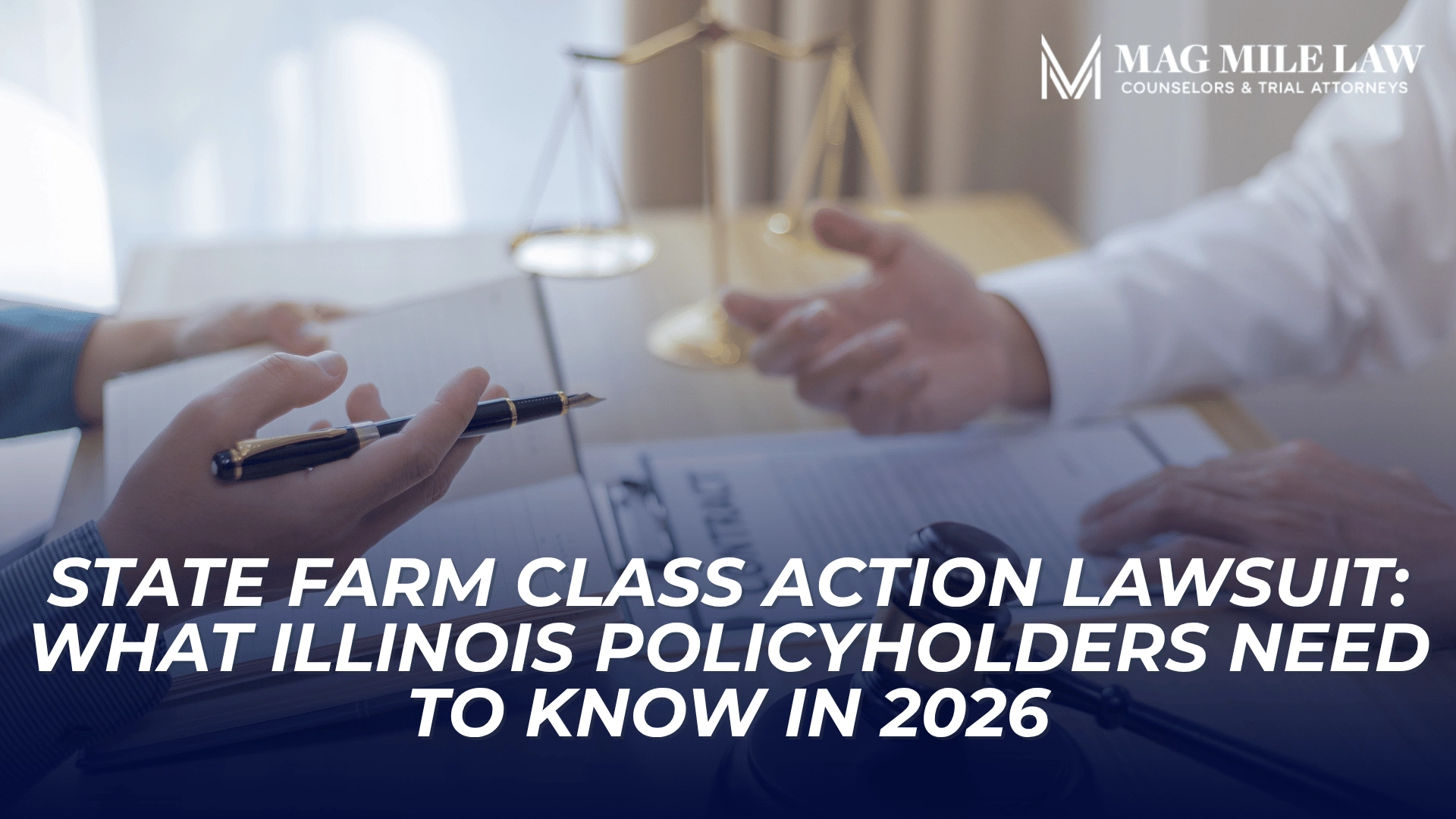 Attorneys reviewing claim documents and scales of justice introduce State Farm class action lawsuit concerns.