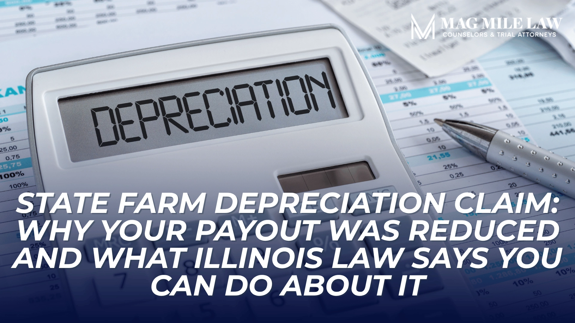 Calculator, receipts, and financial records introduce reduced insurance payouts and depreciation disputes.