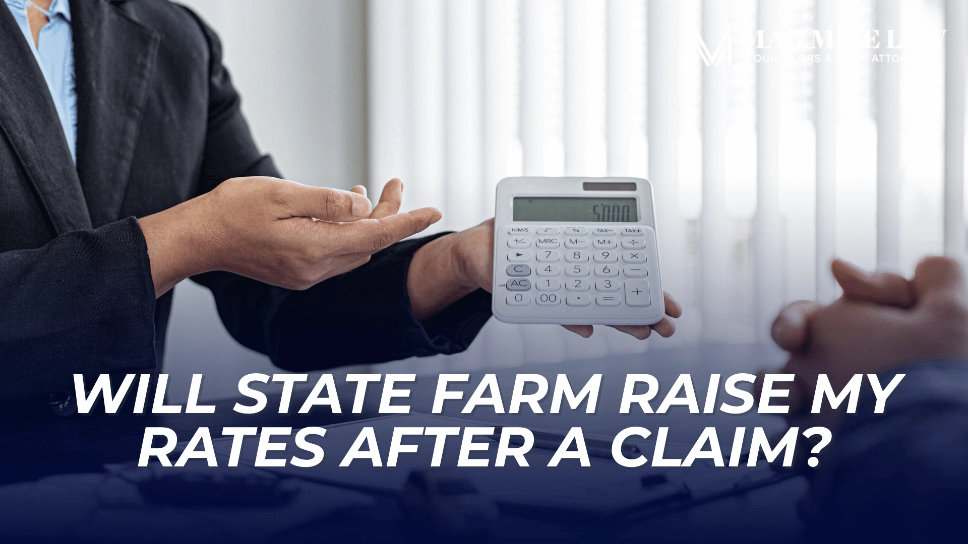 Insurance representative showing a calculator discusses potential premium increases after a homeowners claim.