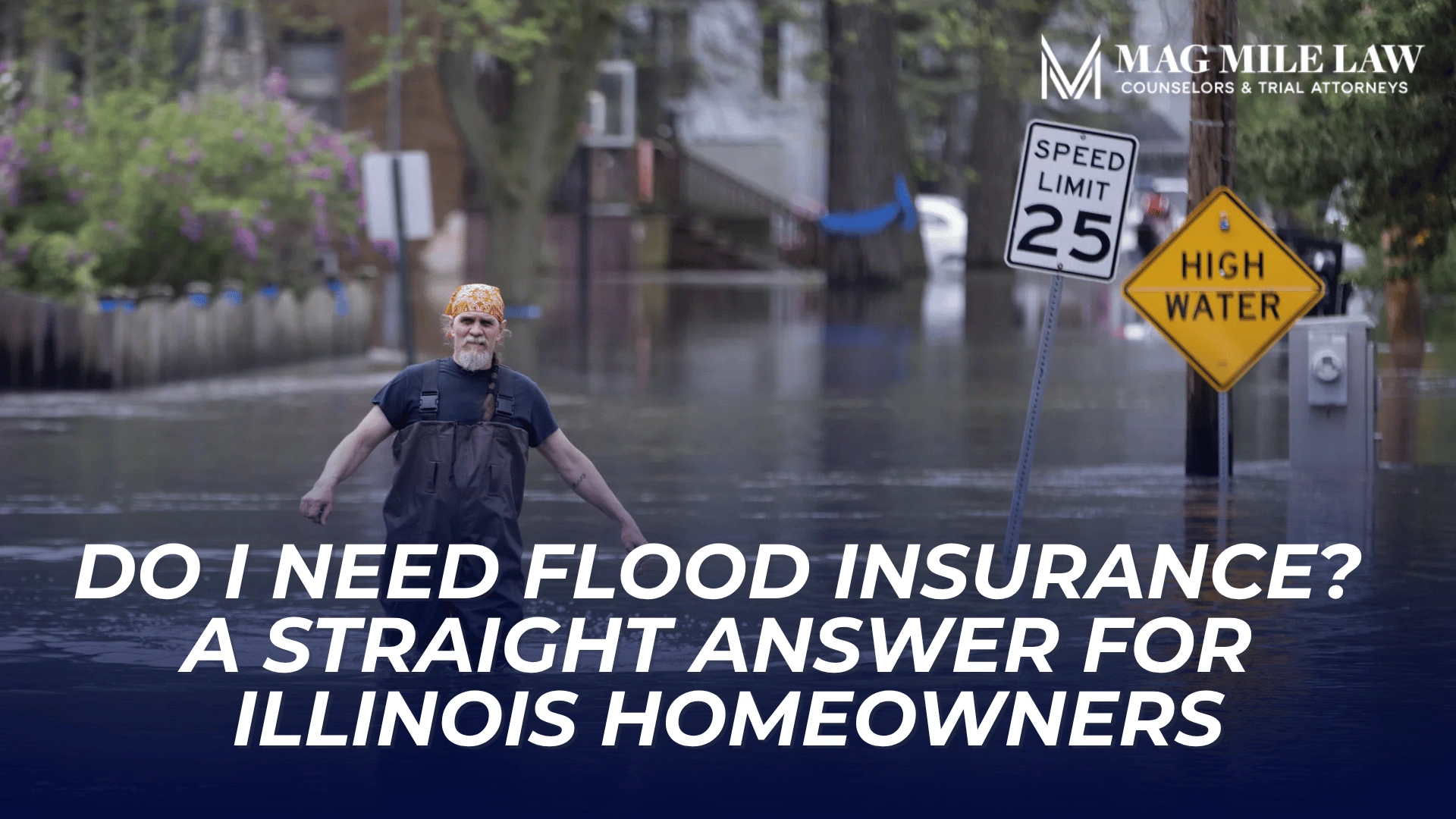 Homeowner standing in a flooded street introduces when Illinois homeowners should consider flood insurance.