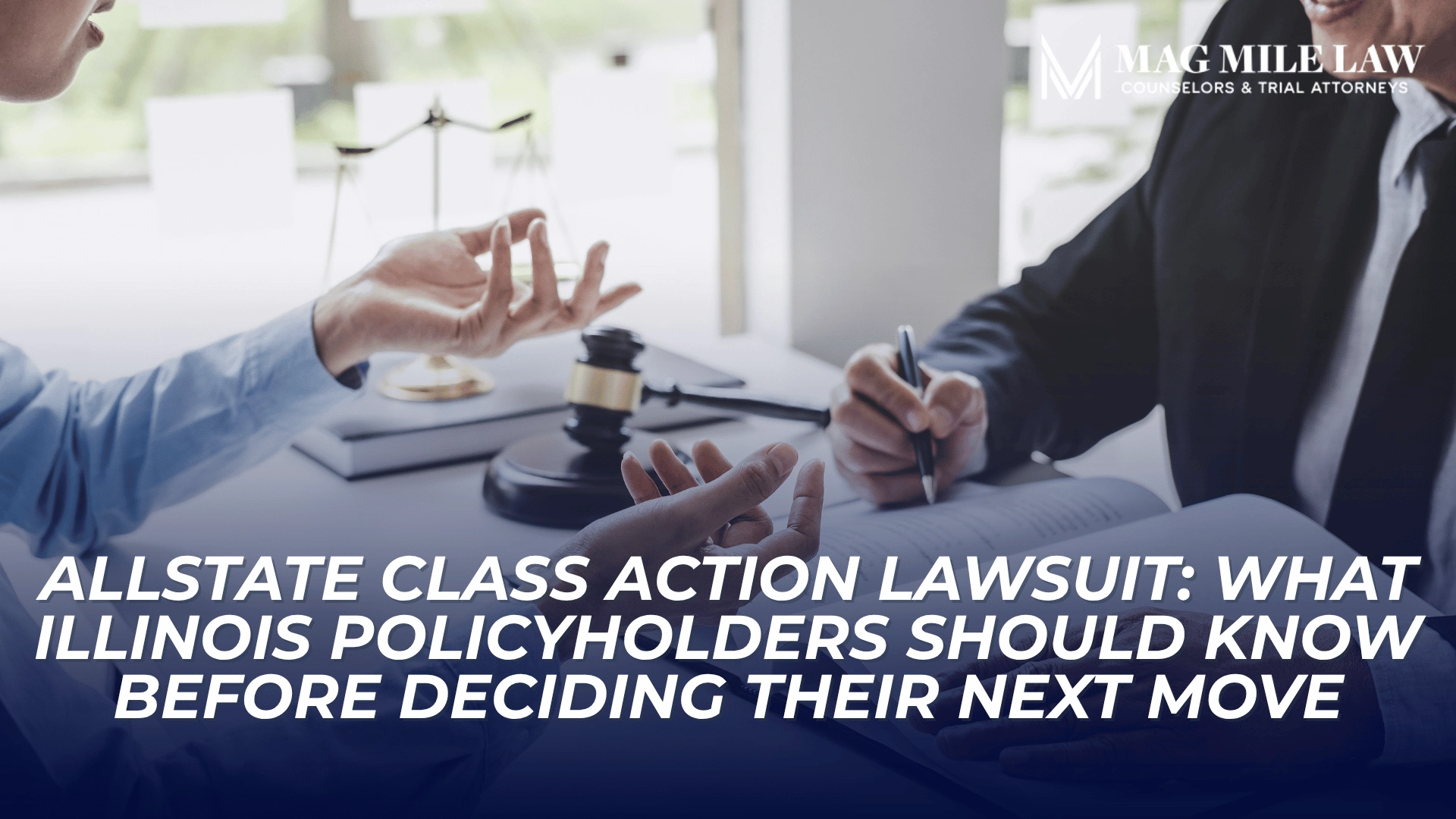 Policyholder and attorney discuss legal options at a desk, introducing class action considerations for insurance claims.