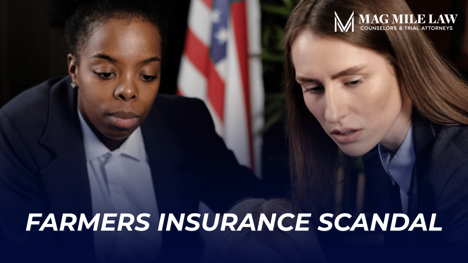 Two professionals reviewing a case file introduce discussion of Farmers claim disputes and policyholder concerns.