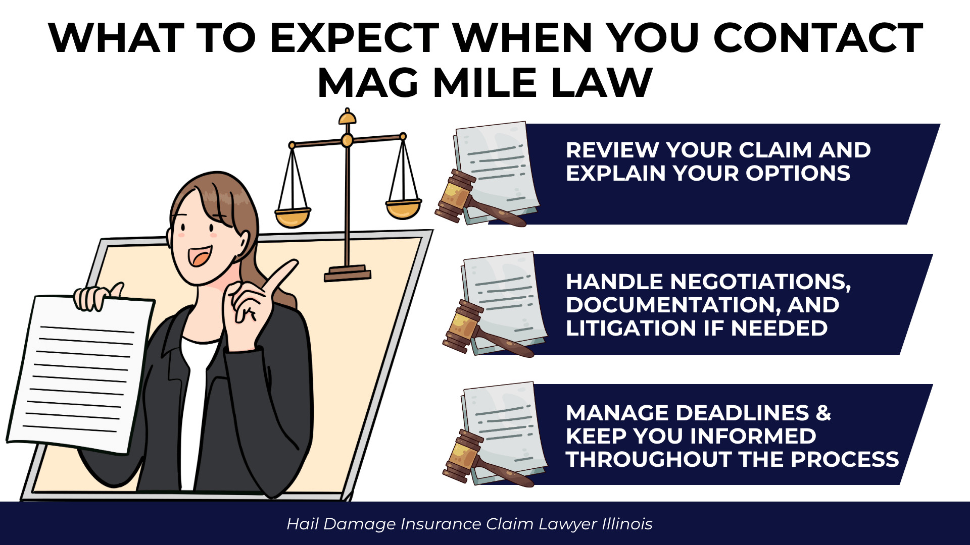 Attorney, scales, and legal documents outline claim review, negotiations, litigation, and deadline management.