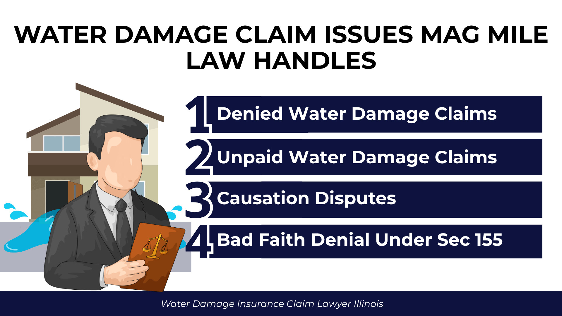 Attorney, flooded property, and numbered list highlight denied claims, causation disputes, and bad faith issues.