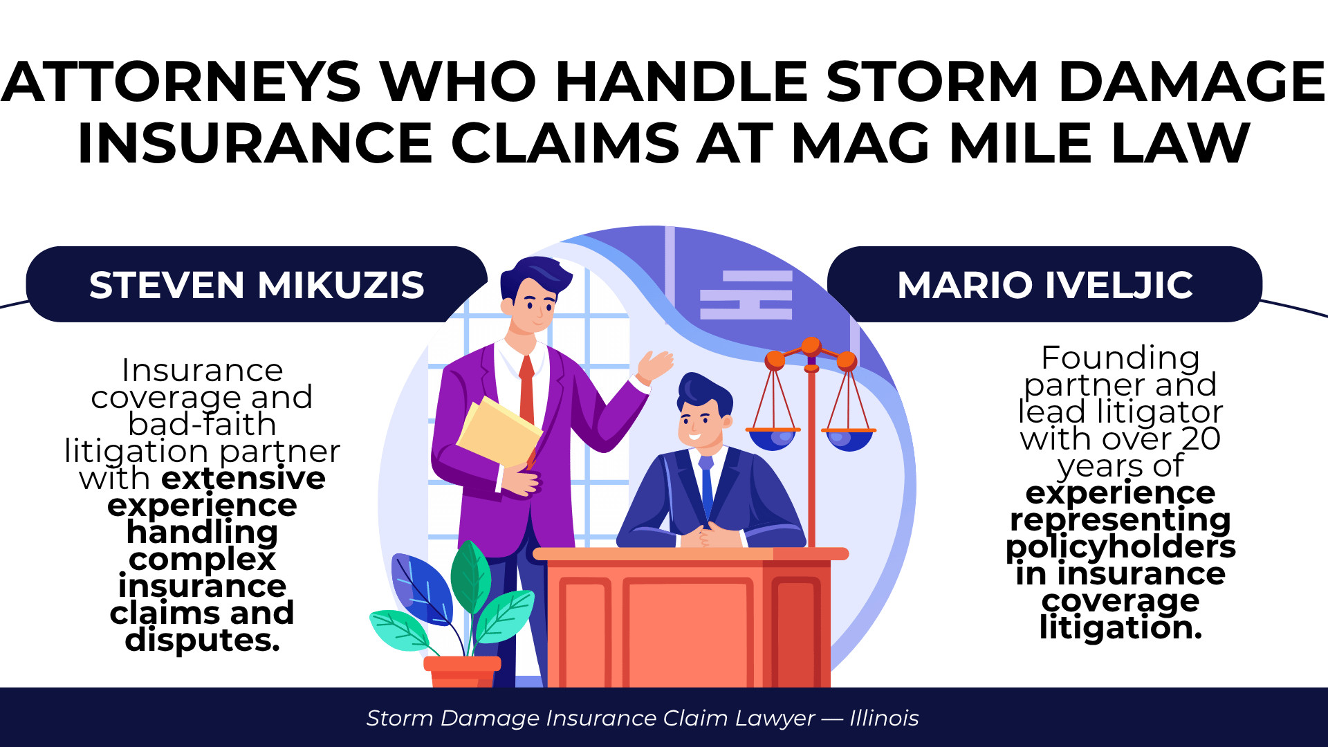 Attorneys at desk with scales highlight insurance coverage litigation experience and storm claim advocacy.
